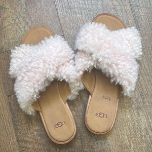 UGG Pink and Tan Fluffy Slippers